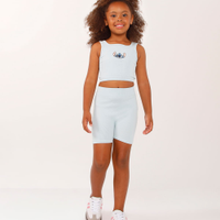Conjunto curto infantil canelado stitch e angel azul