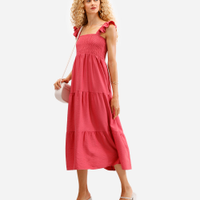 Vestido midi feminino de viscose alça babado rosa