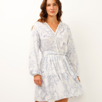 Vestido curto de viscose manga bufante floral cinza