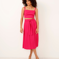 Saia midi com linho e amarração rosa