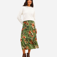 Saia midi feminina com linho recortes floral verde