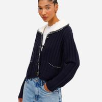 Cardigan feminino de tricot com bolsos azul
