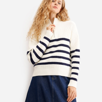 Suéter feminino de tricot com zíper listrado off white