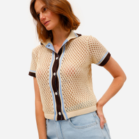 Cardigan feminino de tricot manga curta com listras bege
