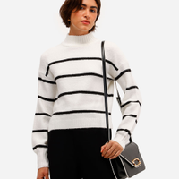 Suéter básico feminino de tricot gola alta listrado off white
