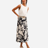 Saia midi feminina texturizada folhagens bege