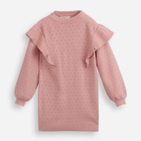 Vestido infantil de tricot manga longa com babados rosa