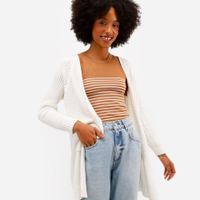 Cardigan feminino de tricot chenille alongado - off white