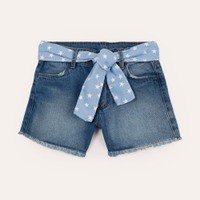 Short mom infantil jeans com cinto faixa azul