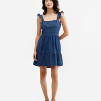 Vestido curto feminino jeans com babados azul