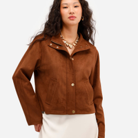 Jaqueta feminina de suede gola alta marrom