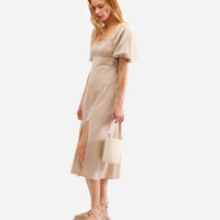 Vestido midi feminino com linho manga bufante bege