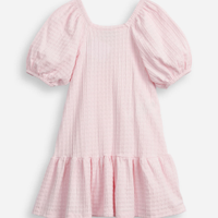 Vestido de algodão infantil manga bufante texturizado rosa