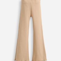 Calça flare infantil canelada com fru fru bege