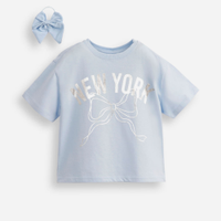 Camiseta infantil de algodão estampa metalizada com laço azul