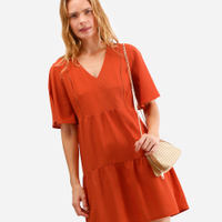 Vestido curto com linho manga curta laranja