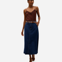 Saia midi feminina jeans com cinto azul