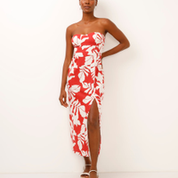 Vestido midi sem alça com linho folhagem vermelho