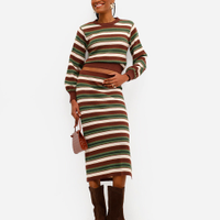 Saia midi feminina de tricot listrada com fenda marrom