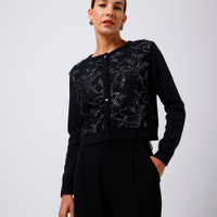 Cardigan feminino de tricot com tule e paetê mindset preto