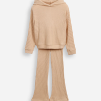 Conjunto infantil longo de viscose canelado com capuz marrom
