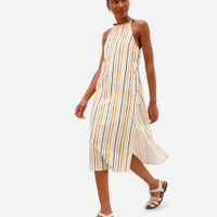 Vestido midi feminino de algodão com fendas listrado vivi olimo bege