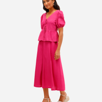 Saia midi feminina com linho e recortes rosa