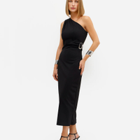 Vestido midi ombro único feminino com franzido preto