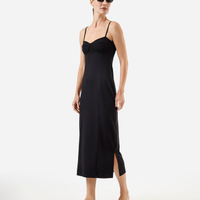 Vestido midi feminino decote coração com fenda preto