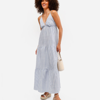 Vestido longo feminino de viscose com recortes listrado azul