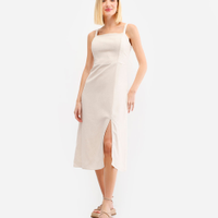 Vestido midi feminino com linho e fenda bege