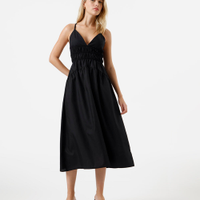 Vestido midi feminino alça fina franzido preto