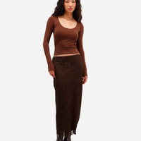 Saia midi feminina de renda floral marrom