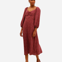 Vestido midi feminino de viscose manga bufante floral vinho