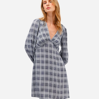 Vestido curto feminino de viscose manga longa xadrez azul