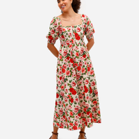 Vestido midi feminino de algodão manga bufante floral bege