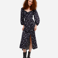 Vestido midi feminino de viscose manga bufante floral preto
