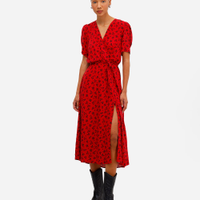 Vestido midi de viscose com fenda floral vermelho