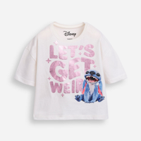 Camiseta infantil de algodão manga curta stitch metalizada off white