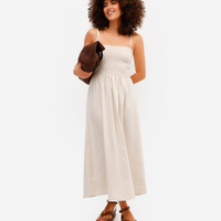 Vestido longo feminino alça fina com linho franzido bege