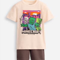 Conjunto curto infantil de algodão minecraft bege
