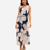 Vestido midi ombro único de tule floral azul