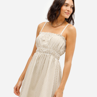 Vestido midi feminino de sarja listrado franzido bege