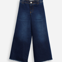 Calça wide leg infantil jeans barra desfiada azul