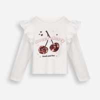 Blusa infantil manga longa com babado e bordado cereja off white