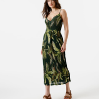 Vestido midi feminino alça fina plissado folhagens verde