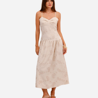 Vestido midi feminino alça fina bordado paisley bege