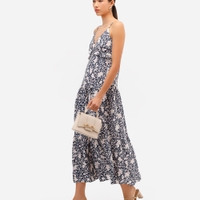 Vestido midi feminino de viscose alça fina com babado floral azul