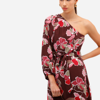 Vestido ombro único feminino de viscose com recorte floral marrom