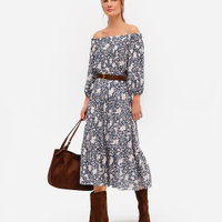 Vestido midi de viscose ombro a ombro floral azul